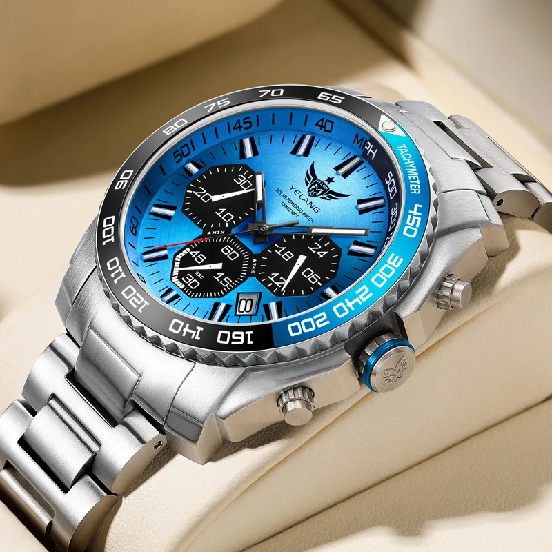 

YELANG Men Eco-Drive Watch 44MM Military Wristwatch Luminous Tubes 100M Waterproof Sappire VR42 Mov