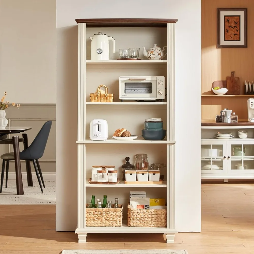 70 رف كتب أبيض طويل القامة، رف كتب خشبي من 5 طبقات مع أرفف قابلة للتعديل وأرجل خشبية، خزانة كتب للمزرعة قائمة بذاتها مع فتحة Di