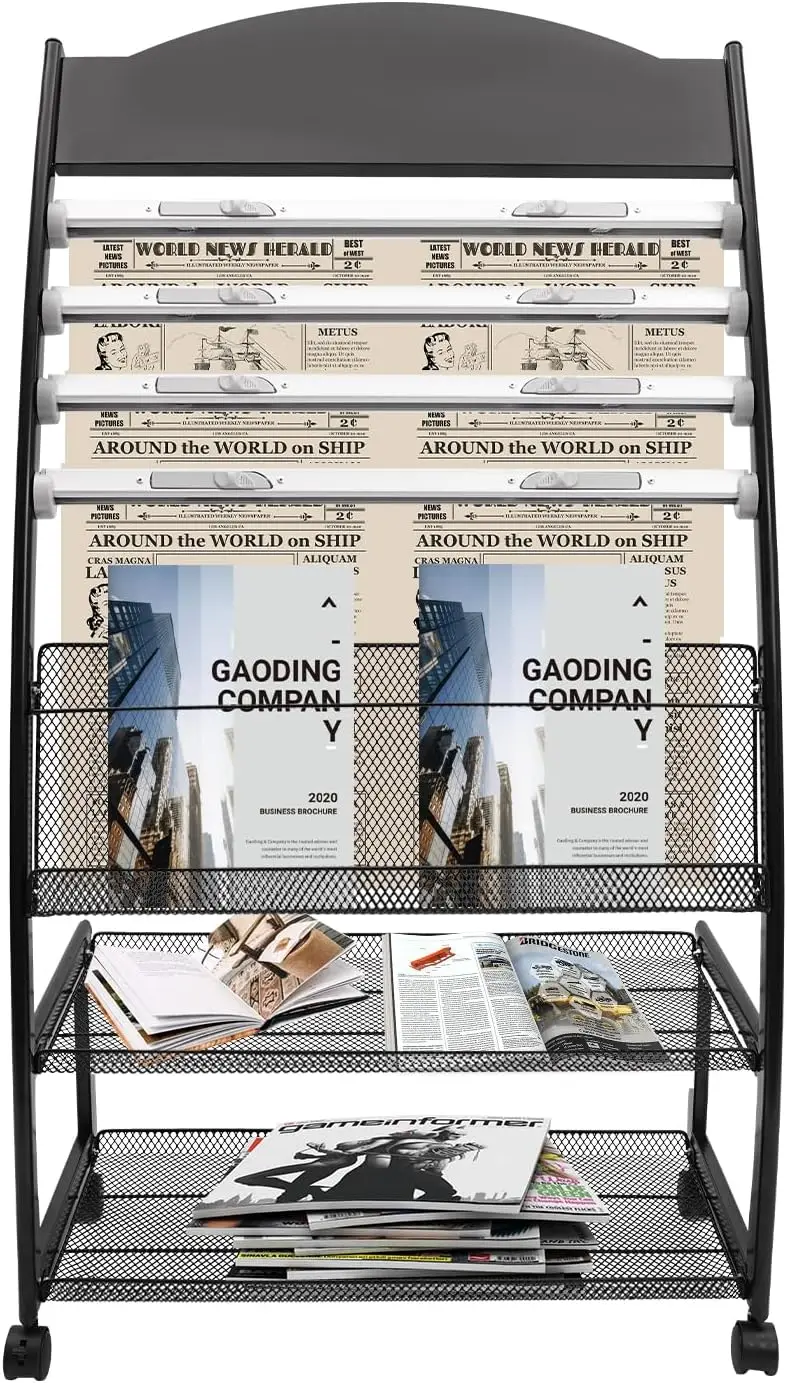 Magazine Display Stand, Free Standing Magazine Rack With 4 Aluminum Alloy Clips And 4 Wheels, About 8.82Lbs Total Load Capacity