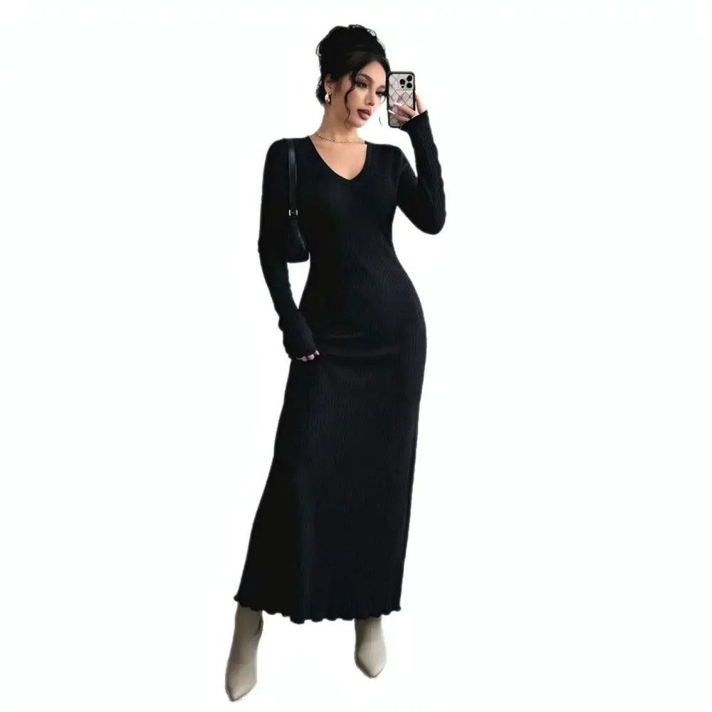 Winter Autumn Women Long Dress V Neck Slim Fit Knitted Sweater Dresses Elegant High Waist Long Sleeve Bodycon Elastic Pullover