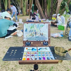 Wooden Multifunctional Travel Painting Case Art Students Outdoor Sketching Portable Watercolor Paint Palettes Painting Supplies