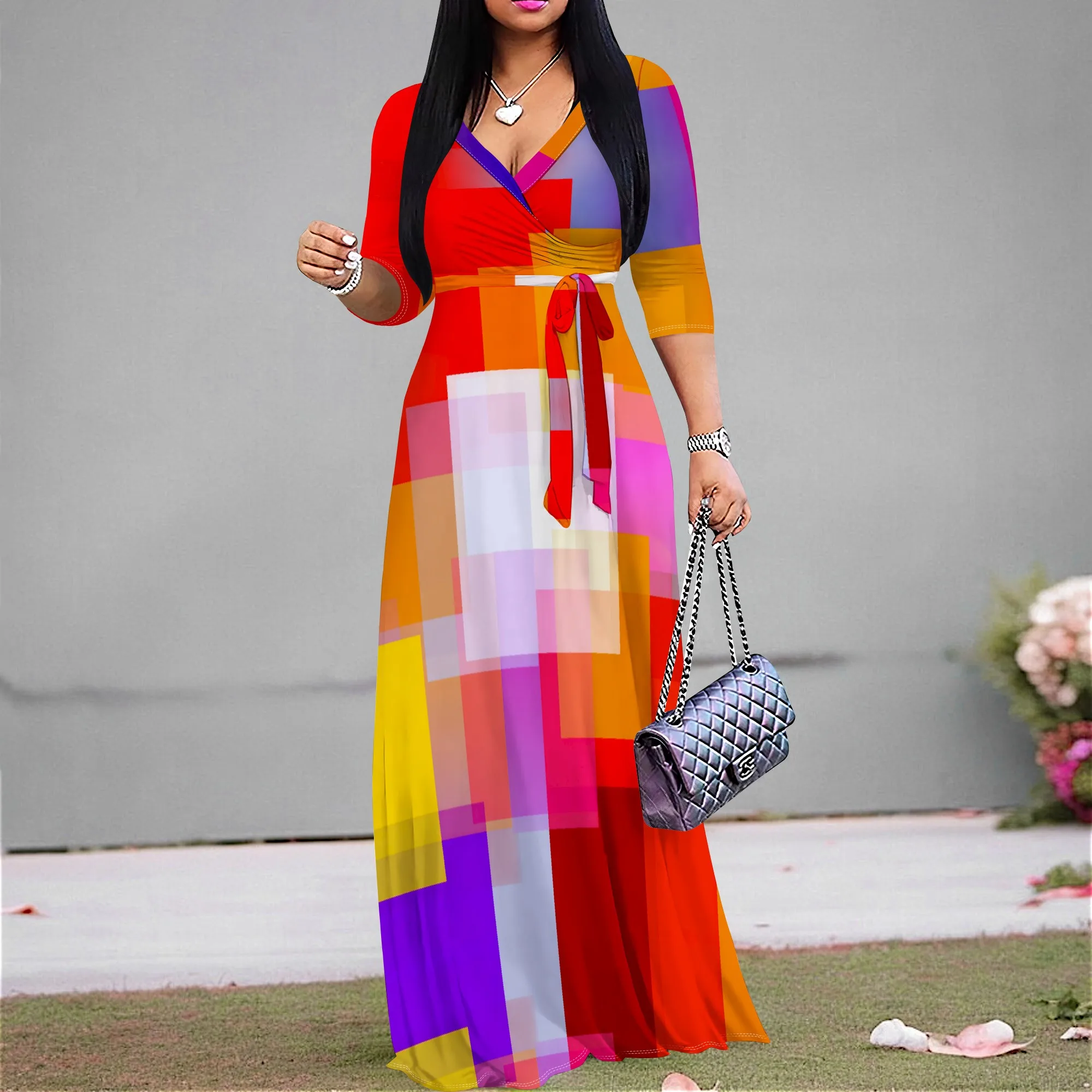

Geometric Print V-Neck Maxi Dress Women Elegant Three Quarter Sleeve High Waist Belted Party Holiday Dress 2025