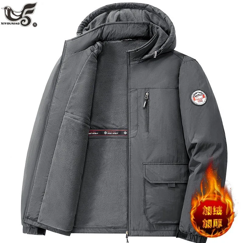 Autumn winter men's fleece thicken hooded multi-pocket zipper men's jacket fashion outdoor sport Hiking Coat Parkas Men Clothing