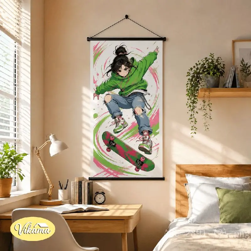 VIKAMA Anime Girl Skateboard Tapestry Green Hoodie Street Sport Dynamic Trick Art Wall Hanging Bedroom Living Room Decor