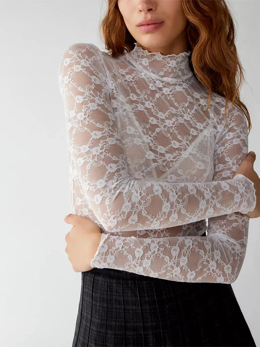 Women Sexy Sheer Lace Pullovers Tops Summer Long Sleeve Turtleneck Slim Fit Basic Shirt Casual Fall Blouses Streetwear Aesthetic