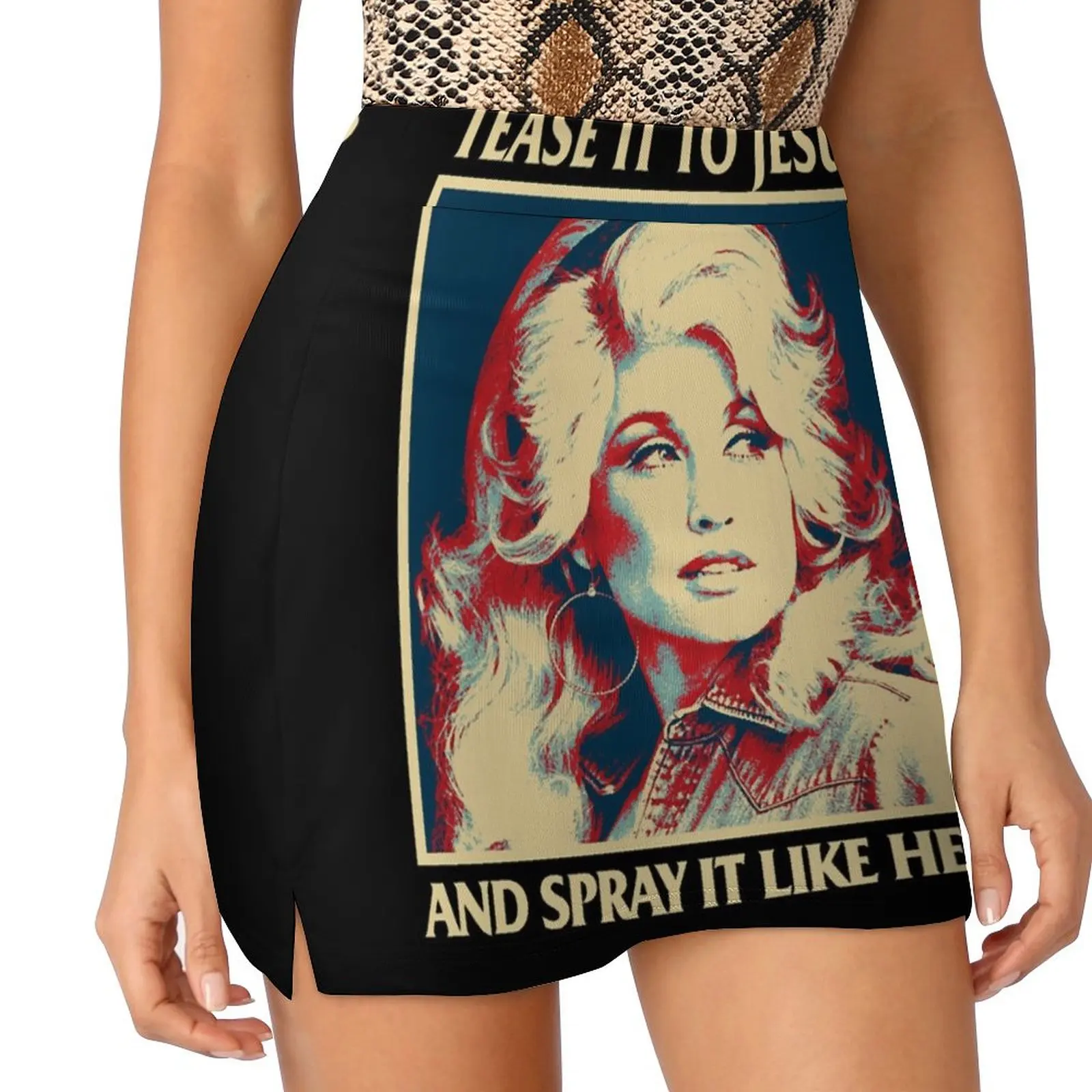 

Loves Music And Retro Tease It To Jesus And Spray It Like Hell Funny Dolly Parton Vintage Photograph Mini Skirt Women clothing