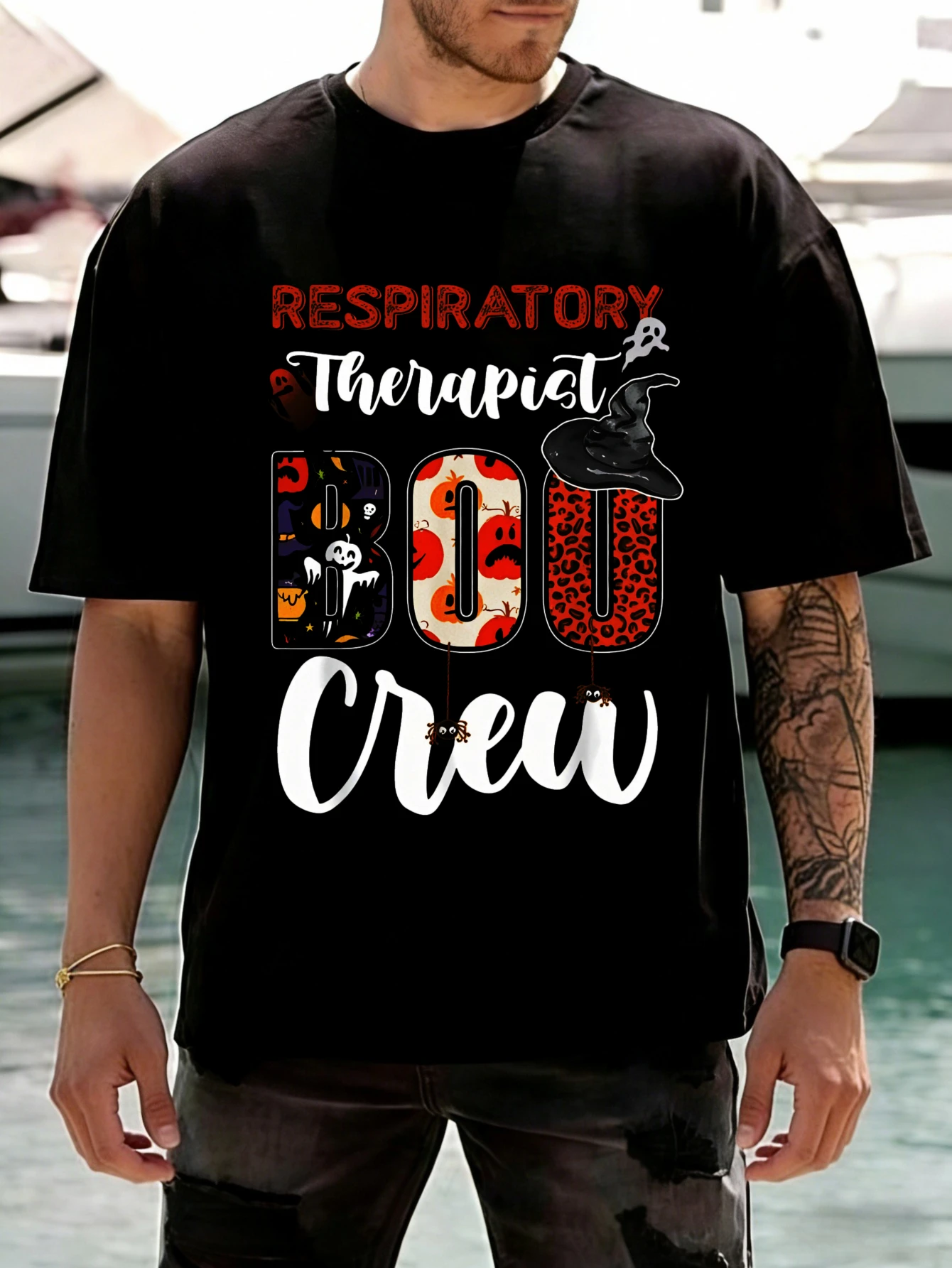 

Respiratory Therapist BOO Crew Halloween Graphic Men's Cotton Short Sleeve T Shirt, Casual Everyday Gift for Him
