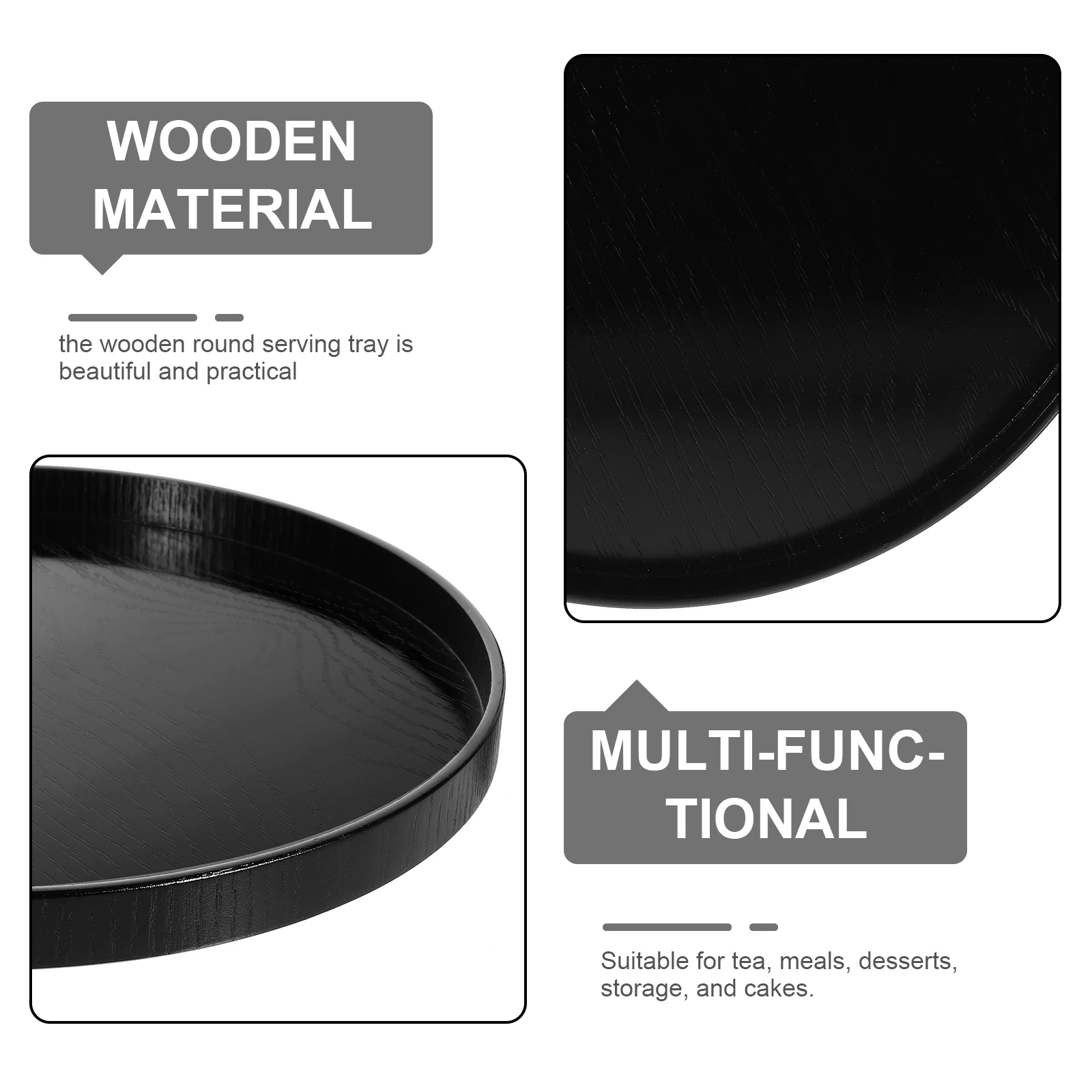 صينية شاي مستديرة سوداء خشبية 30 سنتيمتر متعددة الوظائف كعكة عموم أطباق حلوى الفاكهة تخدم وجبة خفيفة منزلية