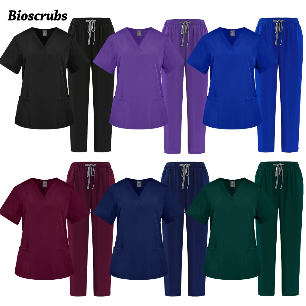 

Unisex Medical Uniform V-neck Straight Pants Set Hospital Dentist Overalls Doctor Scrub Set Pockets Work Clothes Beauty Workwear