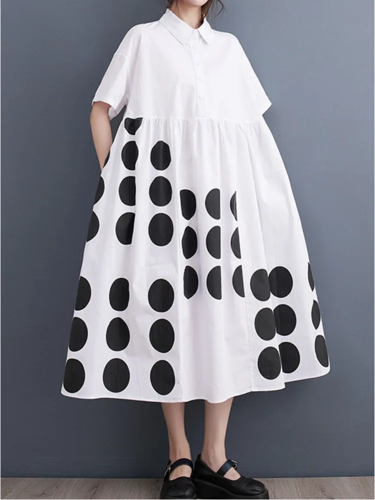 # 3857 Black White Polka Dot Printed Shirt Dress Women Polo Neck Vintage Loose A-line Midi Dress Woman Short Sleeve Summer 2024