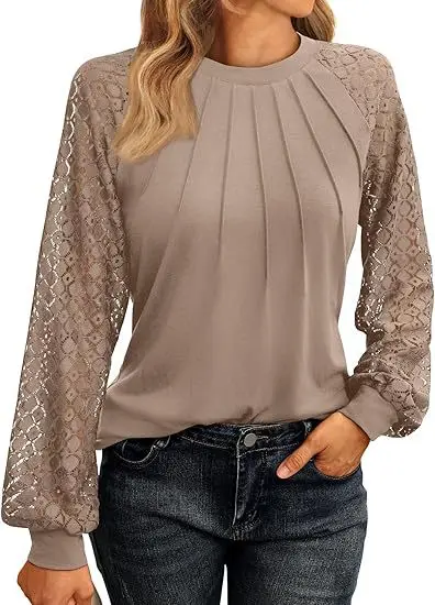 Women's Long Sleeve Lace Shirt Casual Knitted Top Autumn Fashion Comfortable Breathable Loose Fit Blouse for Ladies