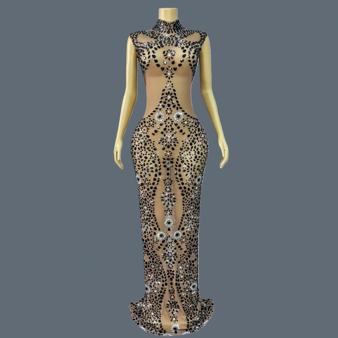 

Designer Elegant Women Sparkly Rhinestone Luxury Evening Dress See Through Brown Mesh Tight Fitting Floor-length Dress Taoxin