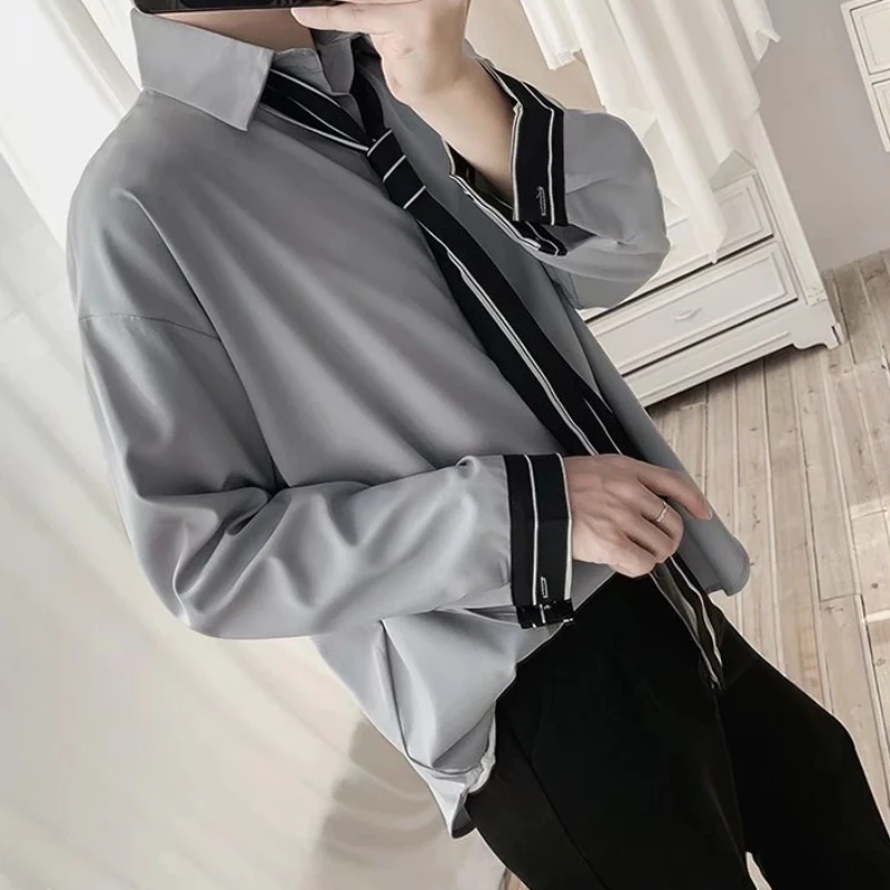 EBAIHUI Preppy Style Men's Shirt New Vintage Tie Male Blouse Spring Summer Polo Neck Loose Long Sleeve Cardigan Blusas Top