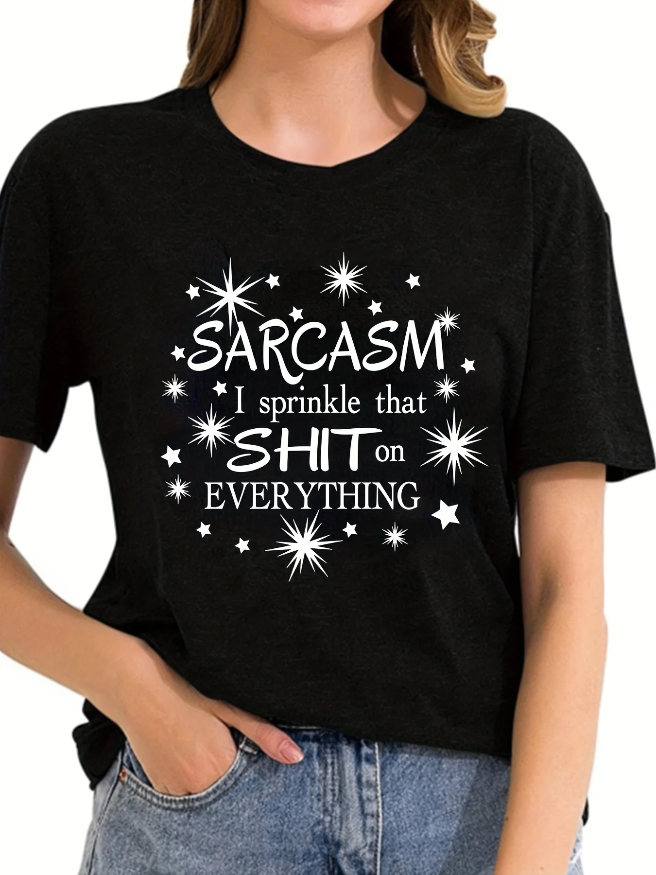 

Letter Print Short Sleeved T-shirts, Solid Loose Crew Neck Active Comfort T-shirts, Women's Clothing