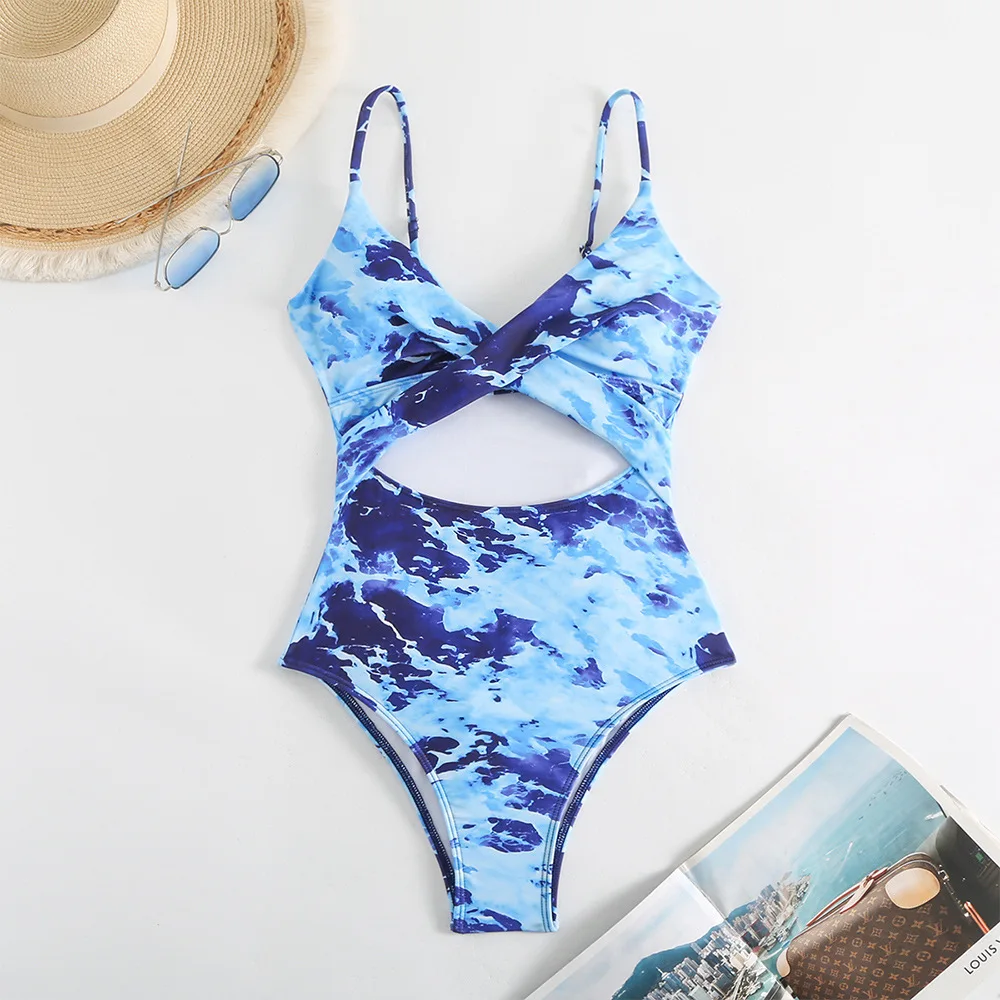 2024 New Tie Dye One Piece Swimsuit Sexy Swimwear Women Bathing Suit Beach Backless Monokini Hollow Out Thong Swim Suit Female