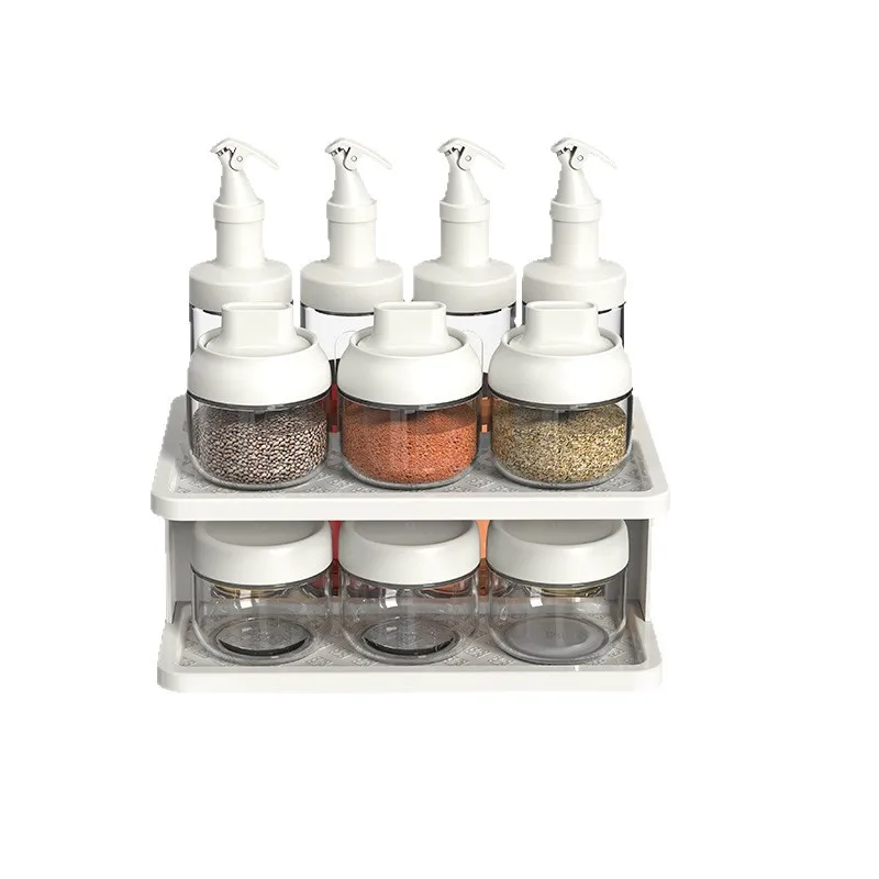 

2026 11-Piece Classic Plastic Glass Kitchen Spice Rack Set Food Storage Containers Seasoning Jar Lid Oil Bottle Storage Jars
