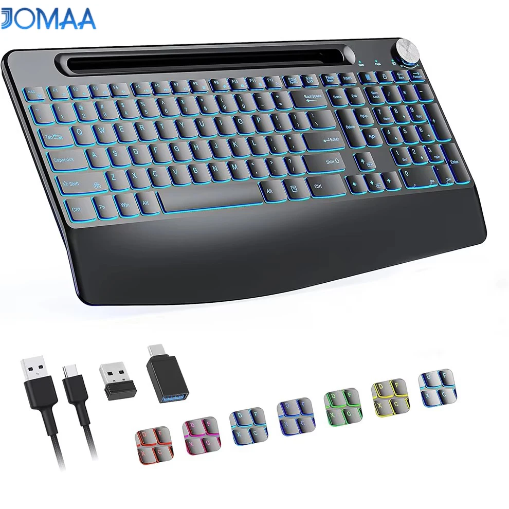 Ergonomic Wireless Keyboard with Wrist Rest, Low-Profile,Phone Holder,2.4GHz Full Size Silent Backlight USB Computer Keyboard  ﻿