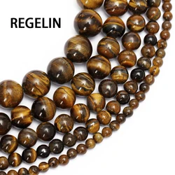 REGELIN AAAA+ Natural Stone Brown Gold Color Tiger Eye Agates Round Beads 15