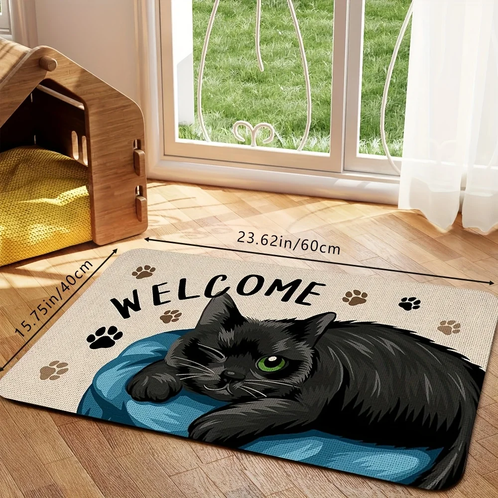 VIKAMA Cartoon Black Kitten Pattern Welcome Doormat Soft Comfortable Machine Washable Doormat Home Decoration