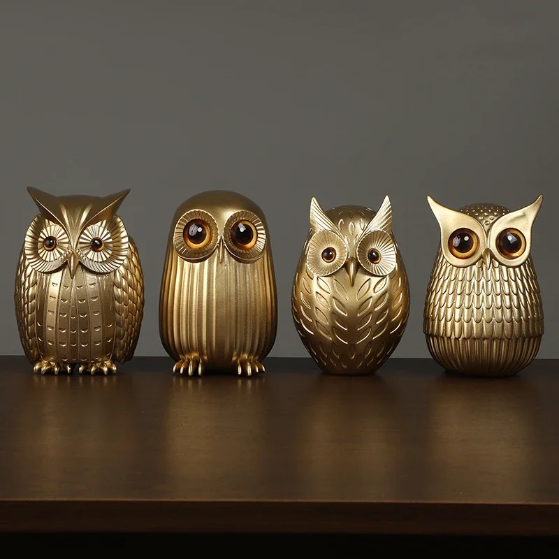 Resin Owl Statue Cute Golden Owl Figurines Nordic Home Decoration Animal Sculpture Crafts Interior Living Room Desktop Ornaments