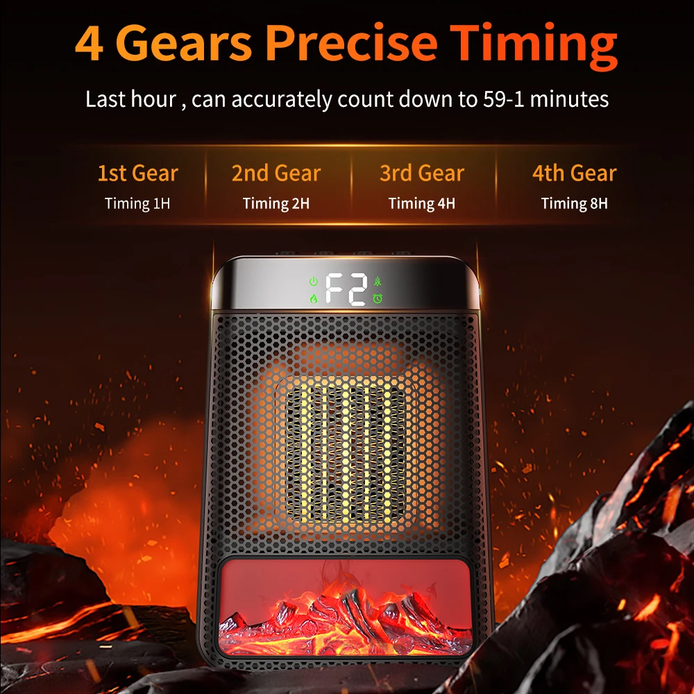 PTC Space Heater Portable Electric Heater with Simulated Flame 8H Timer Overheat & Tilt‑Protection for Home Office Indoor Use