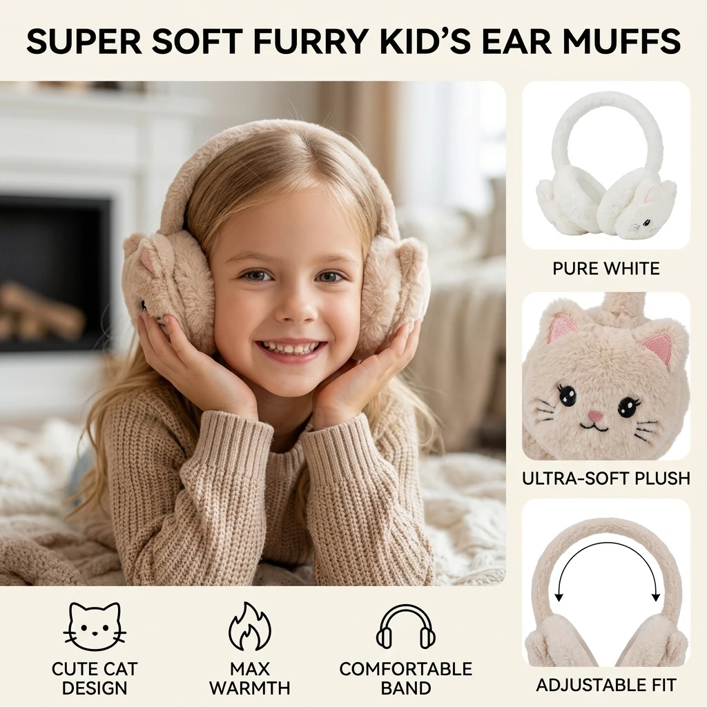 Cartoon Kitten Winter Warm Earmuffs For Girls Plush Thick Soft Ear Cover Ear Protection Warmth Accessories