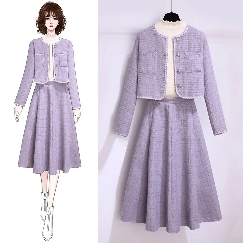 Advanced Ladies Fashion Round Neck Two Piece Set Spring Autumn New Female Tops Skirt Outfit Korean Women Large Size 4XL 2PCS