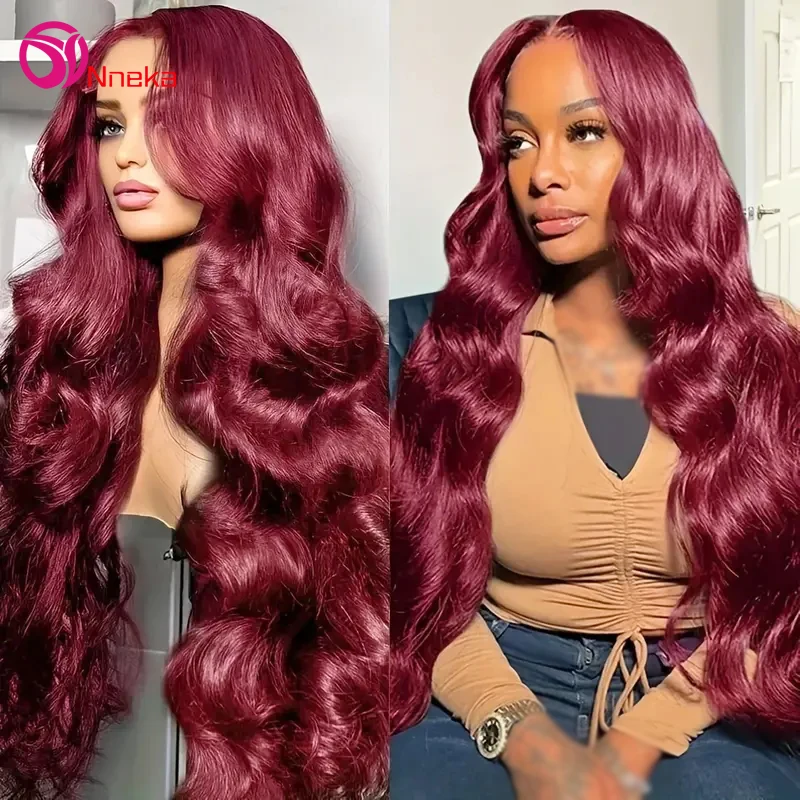 

30 36 Inch 200 Density 99J Burgundy 13x6 Lace Frontal Wigs Red Colored Body Wave 13x4 HD Transparent Human Hair Wigs For Women