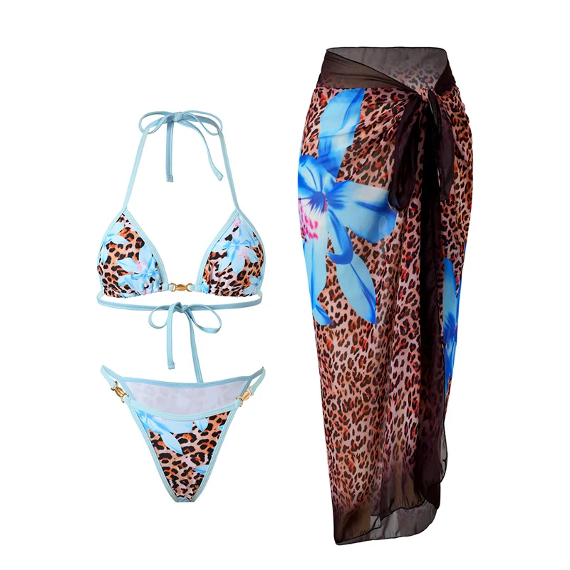 Sexy Leopsrd Print 3 Piece Bikini Set Women Swimsuit Split Skirts Matching Swimsuit Thong Bathing Suit Women Beach Vacation