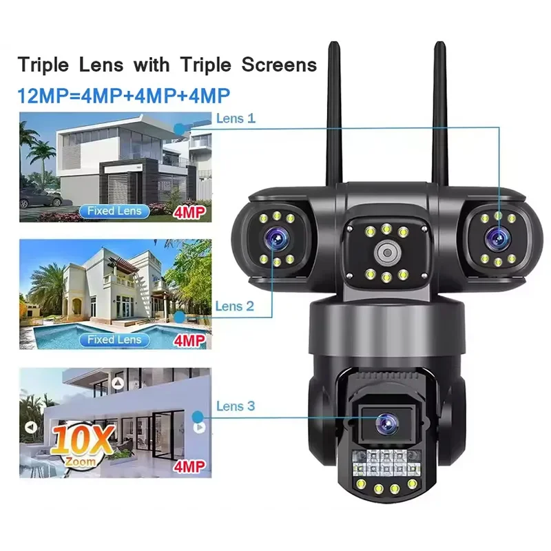 4G SIM Card PTZ Camera with 64G/128G Card 12MP 3pc Lens 3pc Screen WIFI IP Camera Auto Track Night Vision Smart Security Cameras