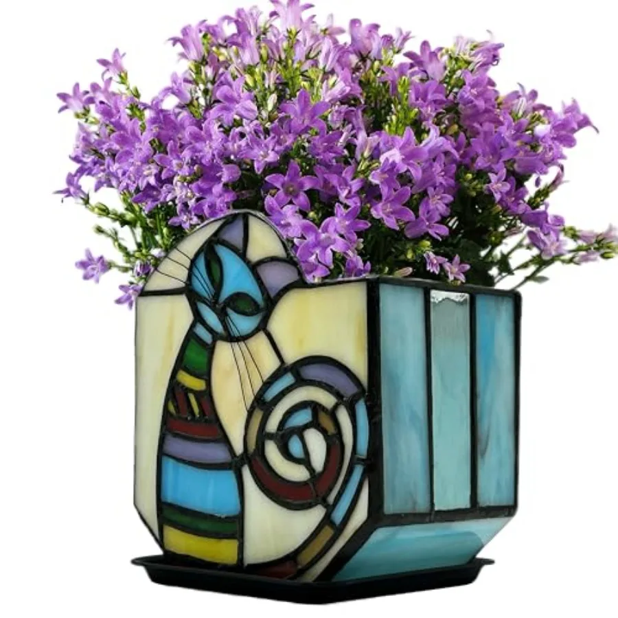 

Staed Glass Cat Unique Plant Pot, door Planter with Draage and Tray, Succulent Plants Flower Pot, Cat Lover Gifts, in