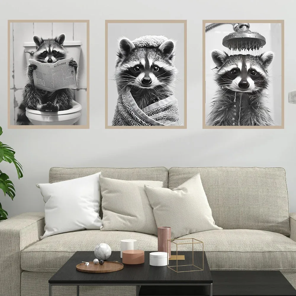 Cute Raccoon in the Toilet Funny Animal Bathroom Posters Prints Canvas Painting Black White Wall Art Pictures Shower Home Decor