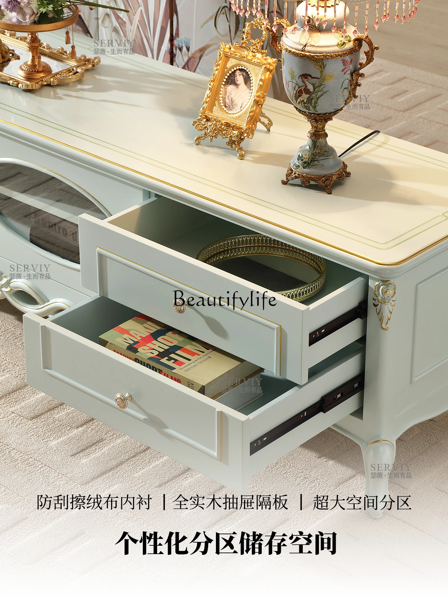 French pastoral solid wood TV cabinet European small apartment carved  storage side cabinet