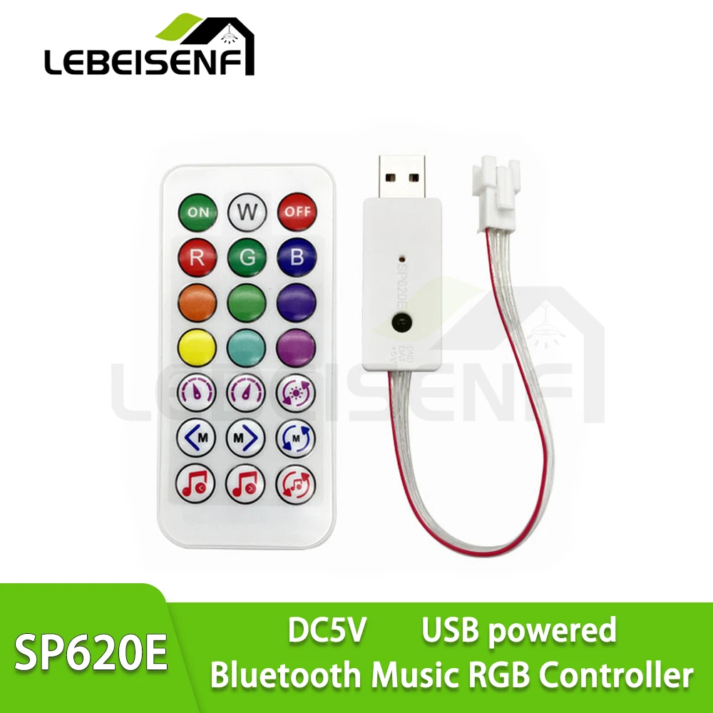 

USB-контроллер для RGB LED лент 5В SP620E с 21-кнопочным ИК-пультом, Bluetooth и синхронизацией музыки, изменение цвета подсветки