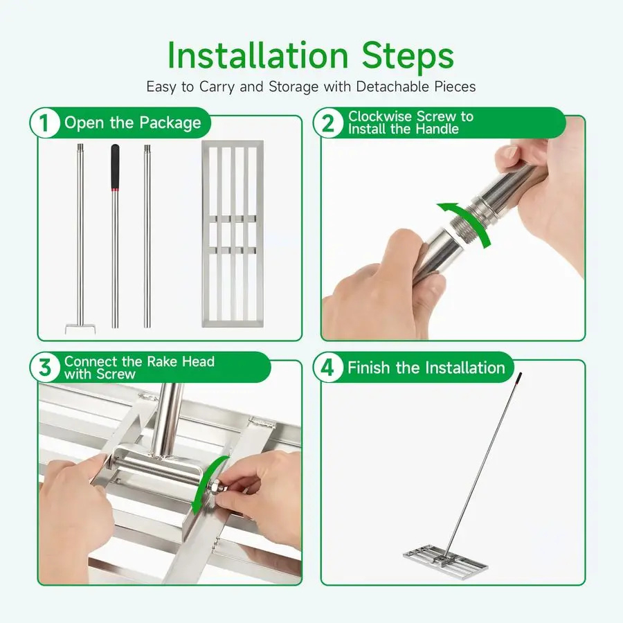 أداة تسوية العشب 30 × 10، أداة تسوية العشب من الفولاذ المقاوم للصدأ شديدة التحمل للحديقة والتربة والرمل، 78 مقبض طويل جدًا، مثالية لـ Y