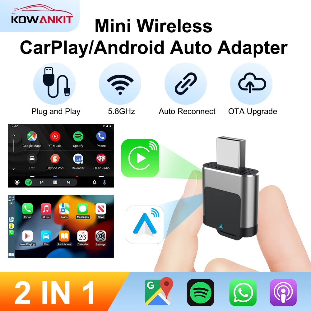2 in 1 Wireless CarPlay Dongle Android Auto Wireless Mini Adapter Plug & Play Smart AI Box Car for Bluetooth KowanKit 2026
