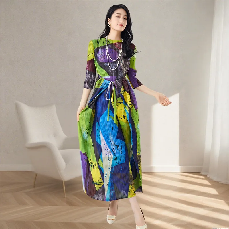 

Miyake плиссированные платья женские осенние новые эластичные длинные платья с рукавом семи четвертей большого размера простые платья для выпускного вечера со свободной завязкой на талии