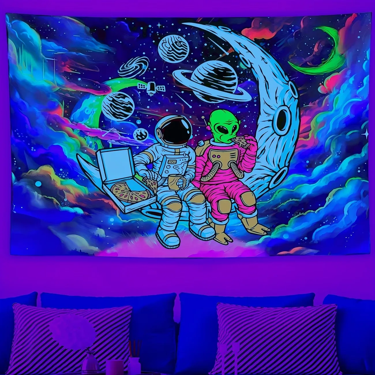 VIKAMA Neon Astronaut Alien Pizza Wandteppich Psychedelische Galaxie Wandbehang Lustige Ästhetische Raumdekoration Z-Generation Schlafzimmerdekoration