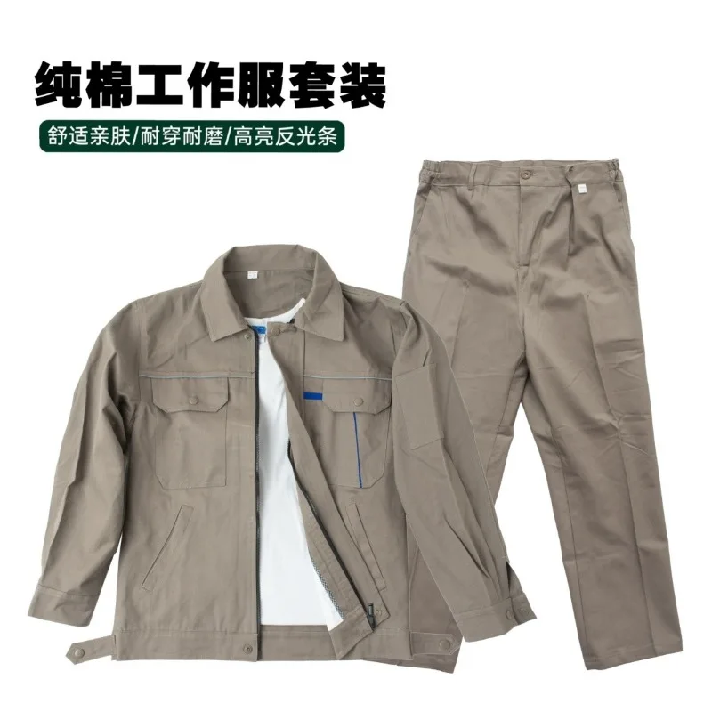 Men Cotton Work Suit Wear Resistant Multi Pocket Reflective Stripe Auto Repair Construction Welding Labor Workwear Set