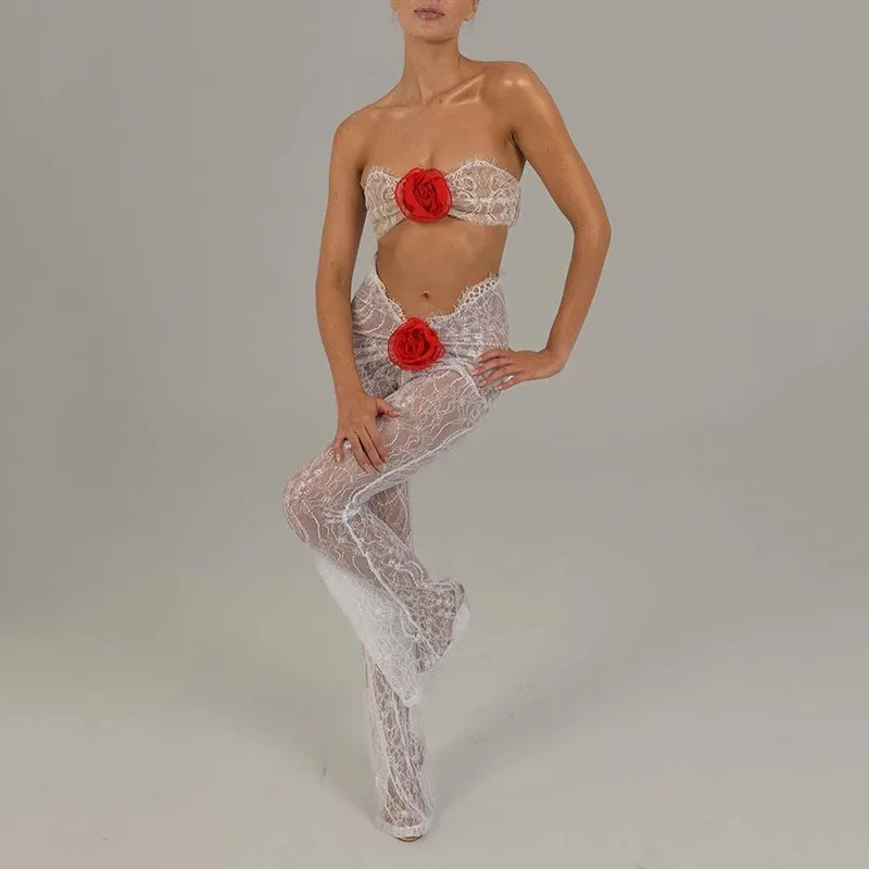 3D Flower Lace See Through Sexy Hollow Out Jumpsuit Women 2023 Autumn Sleeveless Strapless Bra High Waist Wid-leg Pants Clubwear