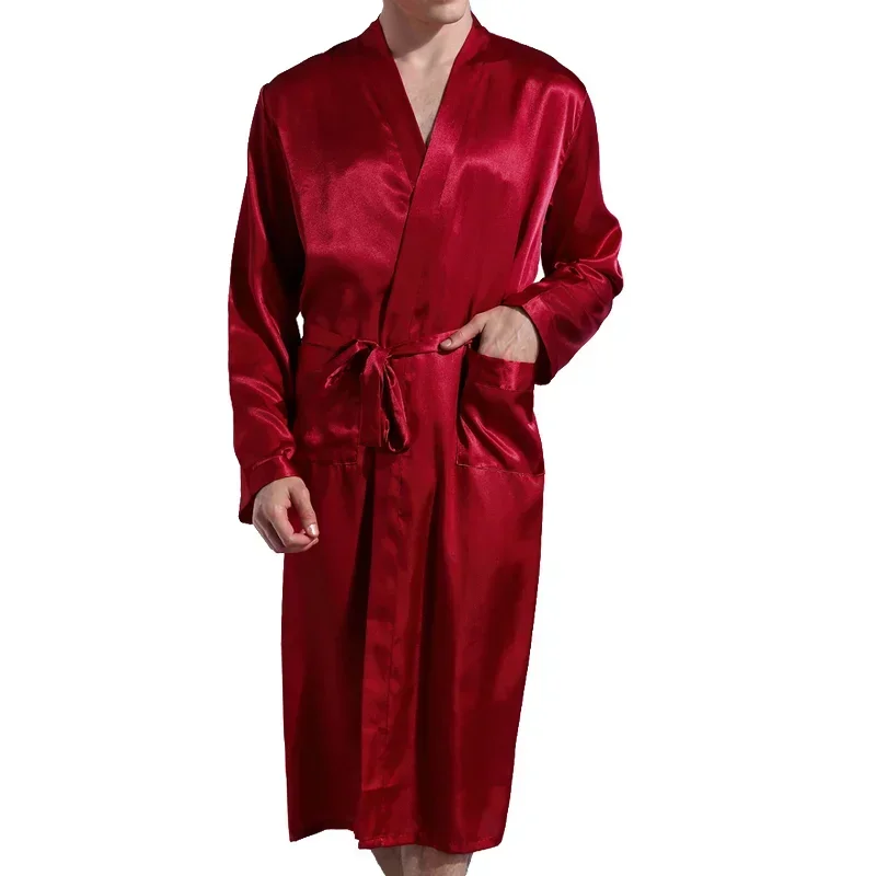 Men Solid Color Silk Satin Bathrobe Homewear Long Robe Pajama Man Silk Nightgown Sleepwear Kimono Homme Loungewear Dressing Gown