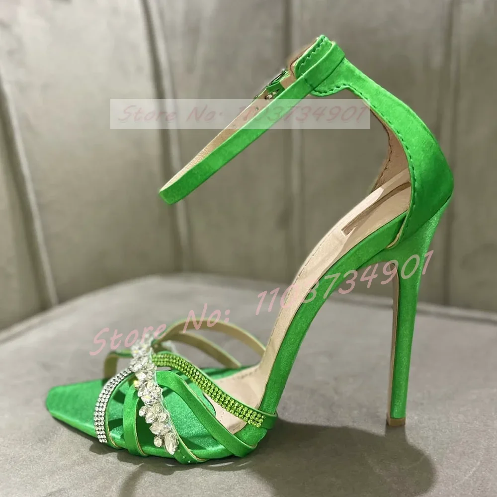 

Crystals Green Satin Sandals Female Elegant Luxury Ankle Strap Caged High Heels Shoes Women Fashion Sexy Party Casual Sandals
