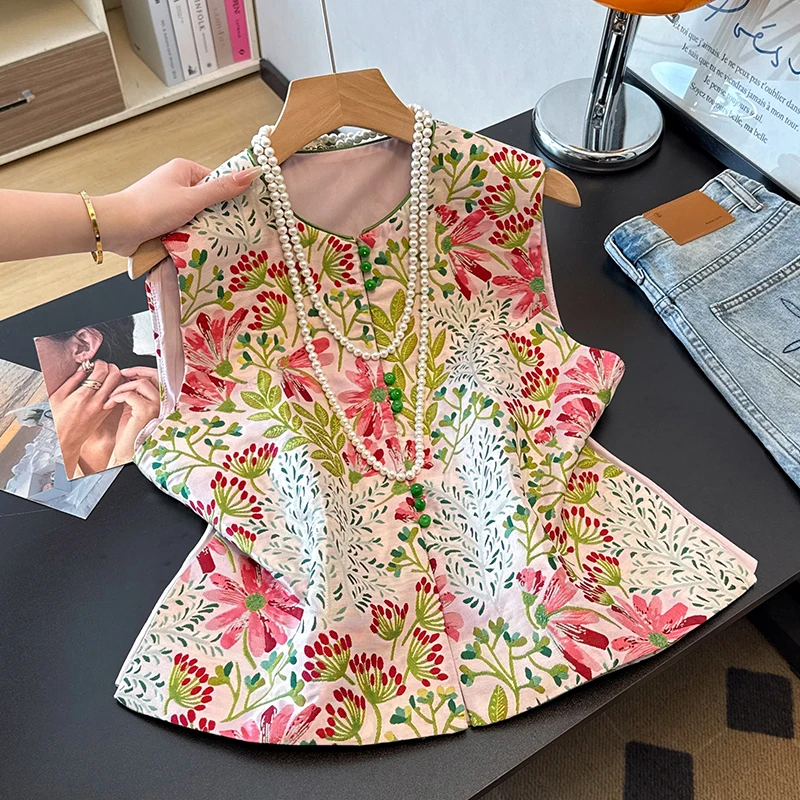 

New Chinese Style Small round Collar Embroidered Brocade Tapestry Hanfu Women's Top Ethnic National Trend Fashion Vest