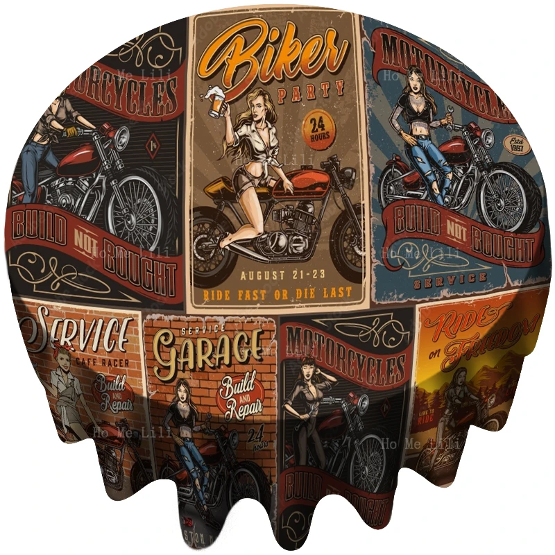 Vintage Motorbike Pretty Women American Highway Route 66 Heavy Metal Burning Chrome Adventure Round Tablecloth By Ho Me Lili