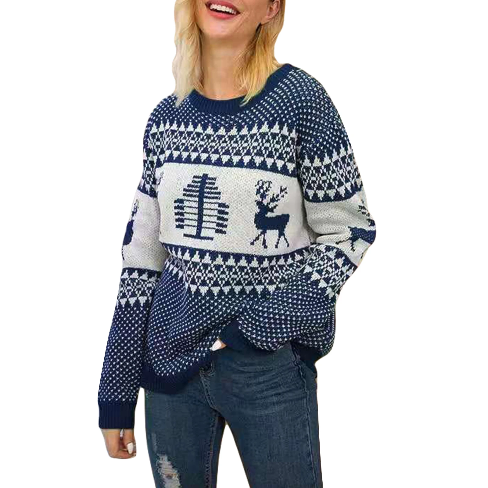 

Fashion Christmas Women's Round Neck Pullovers Tops 2024 New Year Elk Crochet Long Sleeve Casual Reindeer Knitwear Warm Sweaters