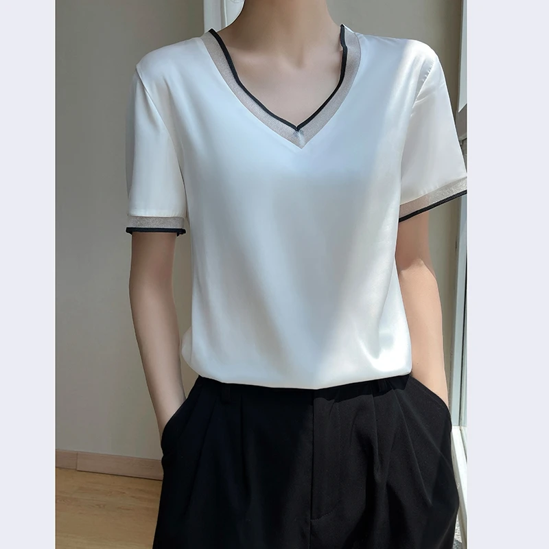 Women\'s Silk Satin Fabric Blouse Short Sleeve T-Shirt Mesh Stitching Short Sleeve Loose Temperament Blouse 2024 New Model