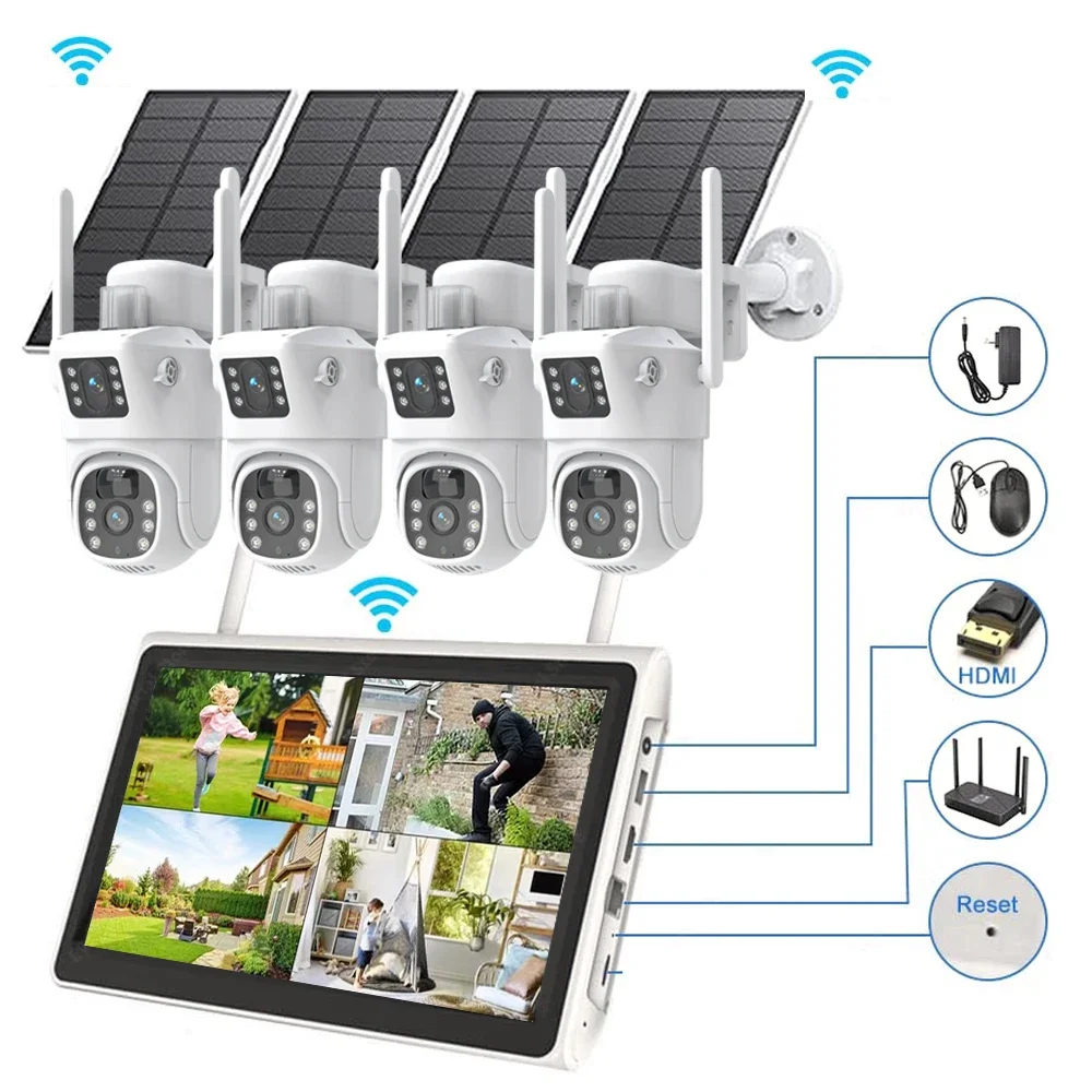 8MP Solar PTZ Camera Security Protection System Kit Outdoor 10CH NVR 10''1 LCD Monitor Set WiFi Wireless CCTV Video Surveillance