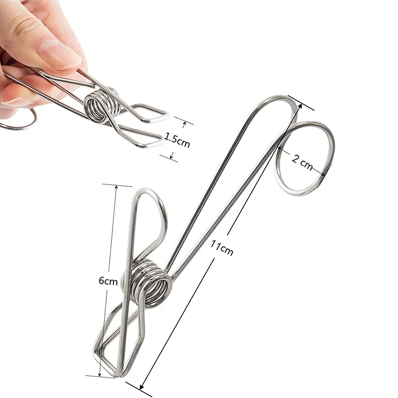 5pcs Clothes Pegs Stainless Steel Clothes Drying Clips Hanger Multi-function Long Hook Clip Storage Household Data File Storage