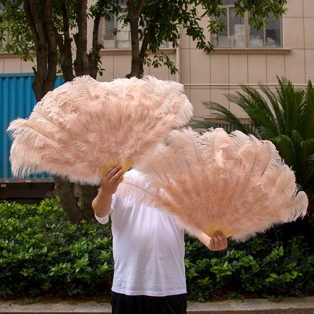 Natural Big Ostrich Feather Fans 13 Bars Fluffy Plumes Folding Fan for Carnival Party Stage Opera Holding Props Decor Accessory