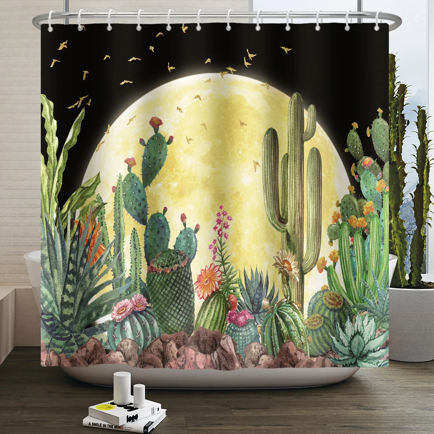 Green Plant Cactus Shower Curtain Tropical Botanical Flower Bathroom Shower Curtains Waterproof Fabric Bath Curtain Home Decor